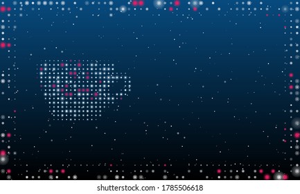 On the left is the coffee cup symbol filled with white dots. Abstract futuristic frame of dots and circles. Some dots is pink. Vector illustration on blue background with stars