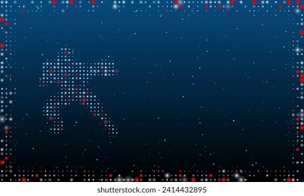 On the left is the combat robot symbol filled with white dots. Pointillism style. Abstract futuristic frame of dots and circles. Some dots is red. Vector illustration on blue background with stars