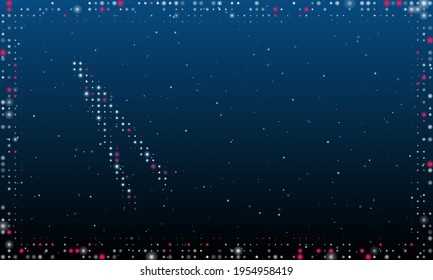 On the left is the compass divider symbol filled with white dots. Pointillism style. Abstract futuristic frame of dots and circles. Some dots is pink. Vector illustration on blue background with stars