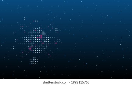 On the left is the cosmic symbol filled with white dots. Background pattern from dots and circles of different shades. Vector illustration on blue background with stars