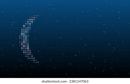 A la izquierda está el símbolo de la media luna lleno de puntos blancos. Patrón de fondo de puntos y círculos de diferentes matices. Ilustración vectorial sobre fondo azul con estrellas