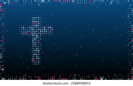 On the left is the cross symbol filled with white dots. Pointillism style. Abstract futuristic frame of dots and circles. Some dots is pink. Vector illustration on blue background with stars