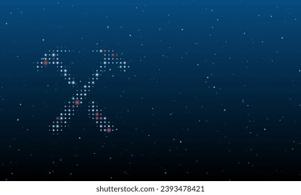On the left is the crossed hammers symbol filled with white dots. Background pattern from dots and circles of different shades. Vector illustration on blue background with stars