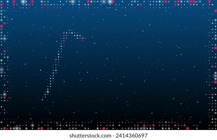 On the left is the crowbar symbol filled with white dots. Pointillism style. Abstract futuristic frame of dots and circles. Some dots is pink. Vector illustration on blue background with stars