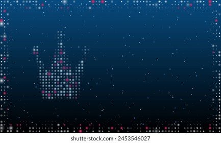 On the left is the crown symbol filled with white dots. Pointillism style. Abstract futuristic frame of dots and circles. Some dots is pink. Vector illustration on blue background with stars