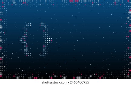 On the left is the curly brackets symbol filled with white dots. Pointillism style. Abstract futuristic frame of dots and circles. Some dots is pink. Vector illustration on blue background with stars