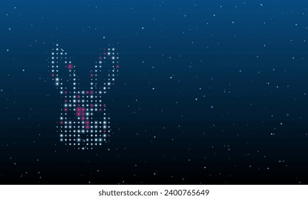 On the left is the cute hare head symbol filled with white dots. Background pattern from dots and circles of different shades. Vector illustration on blue background with stars