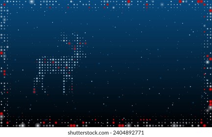 On the left is the deer symbol filled with white dots. Pointillism style. Abstract futuristic frame of dots and circles. Some dots is red. Vector illustration on blue background with stars