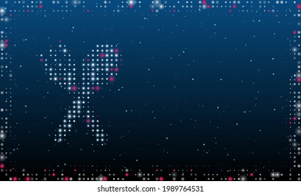 Auf der linken Seite befindet sich das mit weißen Punkten gefüllte Symbol für die Abendzeit. Pointillismus-Stil. Abstrakter futuristischer Rahmen von Punkten und Kreisen. Einige Punkte sind rosa. Vektorgrafik auf blauem Hintergrund mit Sternen
