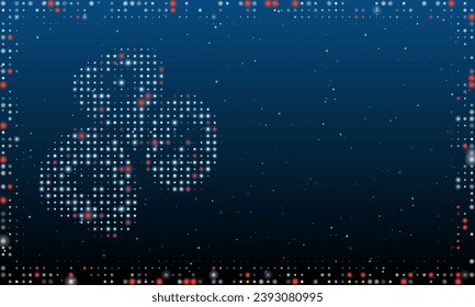 On the left is the divination stones symbol filled with white dots. Abstract futuristic frame of dots and circles. Vector illustration on blue background with stars