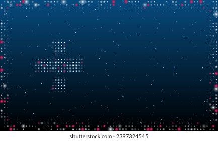 On the left is the division symbol filled with white dots. Pointillism style. Abstract futuristic frame of dots and circles. Some dots is pink. Vector illustration on blue background with stars