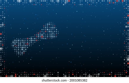 A la izquierda está el símbolo óseo del perro lleno de puntos blancos. Estilo de puntillismo. Resumen marco futurista de puntos y círculos. Algunos puntos son rojos. Ilustración vectorial sobre fondo azul con estrellas