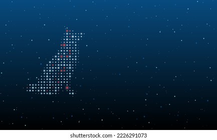 On the left is the dog symbol filled with white dots. Background pattern from dots and circles of different shades. Vector illustration on blue background with stars