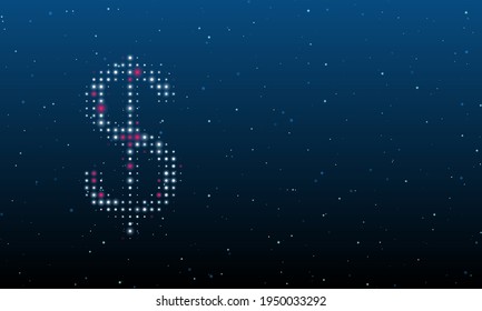 On the left is the dollar symbol filled with white dots. Background pattern from dots and circles of different shades. Vector illustration on blue background with stars