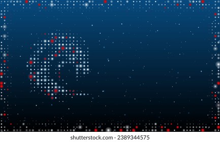 On the left is the dragon's head symbol filled with white dots. Pointillism style. Abstract futuristic frame of dots and circles. Some dots is red. Vector illustration on blue background with stars