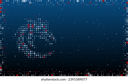 On the left is the dragon's head symbol filled with white dots. Pointillism style. Abstract futuristic frame of dots and circles. Some dots is red. Vector illustration on blue background with stars