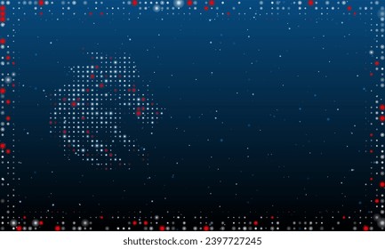 Links ist das mit weißen Punkten gefüllte Kopfsymbol des Drachen. Pointillismus-Stil. Abstrakter futuristischer Rahmen von Punkten und Kreisen. Einige Punkte sind rot. Vektorgrafik auf blauem Hintergrund mit Sternen