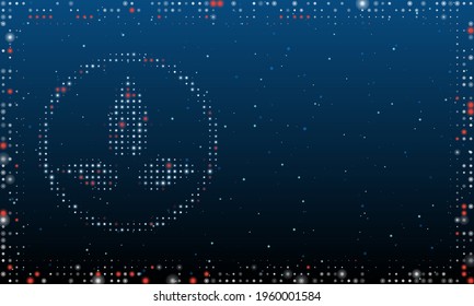 On the left is the ecology symbol filled with white dots. Pointillism style. Abstract futuristic frame of dots and circles. Some dots is red. Vector illustration on blue background with stars