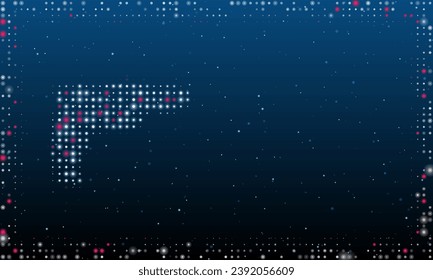 Auf der linken Seite befindet sich das mit weißen Punkten gefüllte elektrische Bohrsymbol. Pointillismus-Stil. Abstrakter futuristischer Rahmen von Punkten und Kreisen. Einige Punkte sind rosa. Vektorgrafik auf blauem Hintergrund mit Sternen