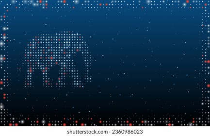 On the left is the elephant symbol filled with white dots. Pointillism style. Abstract futuristic frame of dots and circles. Some dots is red. Vector illustration on blue background with stars