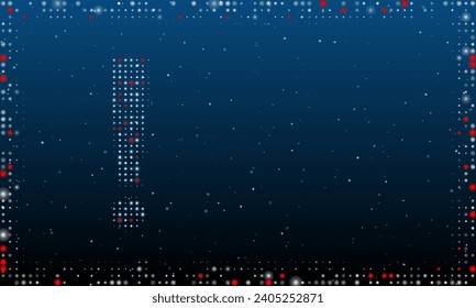On the left is the exclamation symbol filled with white dots. Pointillism style. Abstract futuristic frame of dots and circles. Some dots is red. Vector illustration on blue background with stars