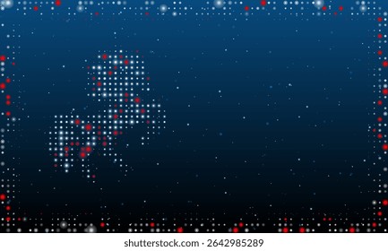 On the left is the fiery horse symbol filled with white dots. Pointillism style. Abstract futuristic frame of dots and circles. Some dots is red. Vector illustration on blue background with stars