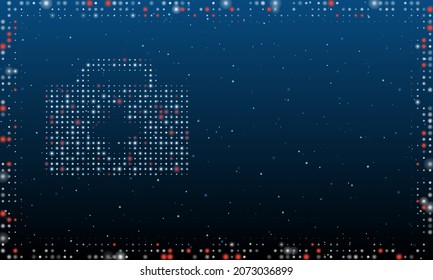 A la izquierda está el símbolo de primeros auxilios con puntos blancos. Estilo de puntillismo. Resumen marco futurista de puntos y círculos. Algunos puntos son rojos. Ilustración vectorial sobre fondo azul con estrellas