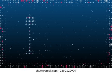 A la izquierda está el símbolo de la lámpara de suelo con puntos blancos. Estilo de puntillismo. Resumen marco futurista de puntos y círculos. Algunos puntos son rosas. Ilustración vectorial sobre fondo azul con estrellas