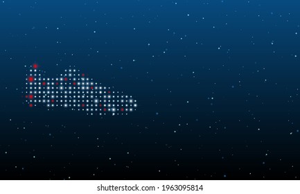 On the left is the football boot symbol filled with white dots. Background pattern from dots and circles of different shades. Vector illustration on blue background with stars