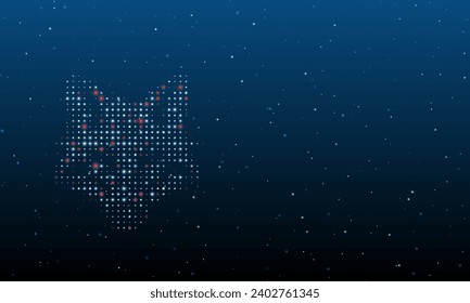 On the left is the fox's head symbol filled with white dots. Background pattern from dots and circles of different shades. Vector illustration on blue background with stars