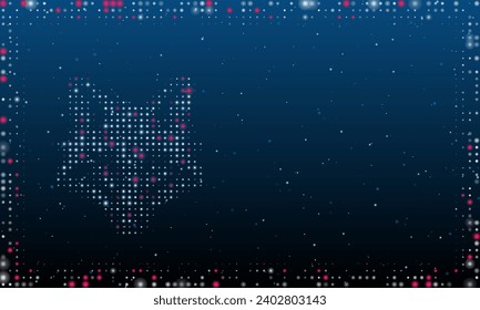 A la izquierda está el símbolo de la cabeza del zorro lleno de puntos blancos. Estilo de puntillismo. Resumen marco futurista de puntos y círculos. Algunos puntos son rosas. Ilustración vectorial sobre fondo azul con estrellas