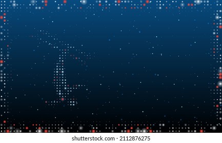 On the left is the freestyle skiing symbol filled with white dots. Pointillism style. Abstract futuristic frame of dots and circles. Some dots is red. Vector illustration on blue background with stars