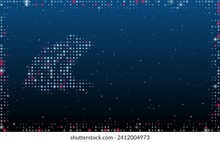 On the left is the frog symbol filled with white dots. Pointillism style. Abstract futuristic frame of dots and circles. Some dots is pink. Vector illustration on blue background with stars