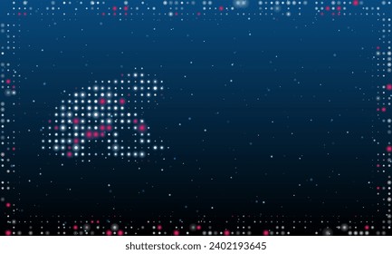 A la izquierda está el gracioso símbolo de rana lleno de puntos blancos. Estilo de puntillismo. Resumen marco futurista de puntos y círculos. Algunos puntos son rosas. Ilustración vectorial sobre fondo azul con estrellas