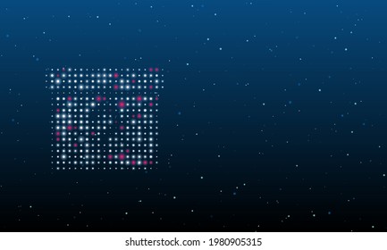 A la izquierda está la caja de regalo con un símbolo de pregunta lleno de puntos blancos. Patrón de fondo de puntos y círculos de diferentes matices. Ilustración vectorial sobre fondo azul con estrellas