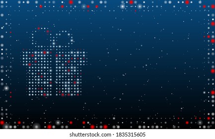 A la izquierda está el símbolo de regalo lleno de puntos blancos. Resumen marco futurista de puntos y círculos. Algunos puntos son rojos. Ilustración vectorial sobre fondo azul con estrellas