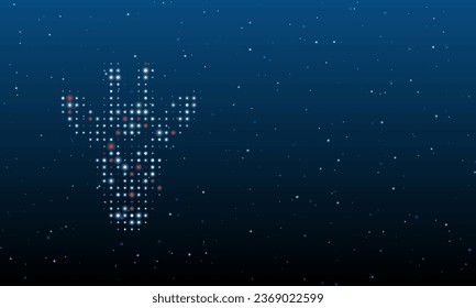 On the left is the giraffe head symbol filled with white dots. Background pattern from dots and circles of different shades. Vector illustration on blue background with stars