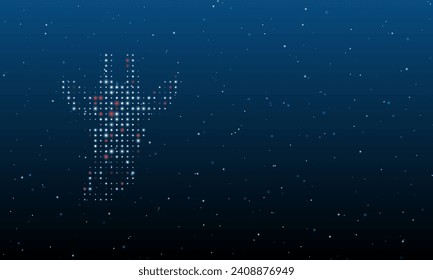 On the left is the giraffe head symbol filled with white dots. Background pattern from dots and circles of different shades. Vector illustration on blue background with stars