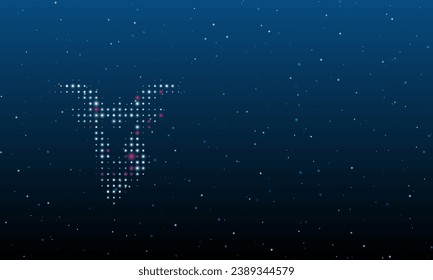 On the left is the goat head symbol filled with white dots. Background pattern from dots and circles of different shades. Vector illustration on blue background with stars