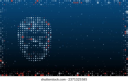 On the left is the gorilla head symbol filled with white dots. Pointillism style. Abstract futuristic frame of dots and circles. Some dots is red. Vector illustration on blue background with stars