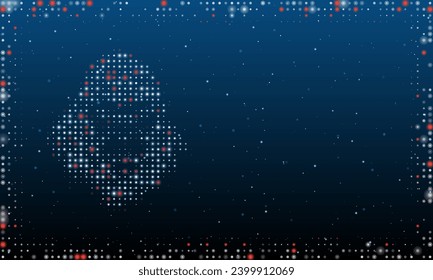 On the left is the gorilla head symbol filled with white dots. Pointillism style. Abstract futuristic frame of dots and circles. Some dots is red. Vector illustration on blue background with stars
