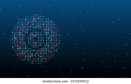 On the left is the gramophone record symbol filled with white dots. Background pattern from dots and circles of different shades. Vector illustration on blue background with stars
