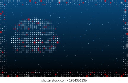 A la izquierda está el símbolo de hamburguesa con puntos blancos. Estilo de puntillismo. Resumen marco futurista de puntos y círculos. Algunos puntos son rojos. Ilustración vectorial sobre fondo azul con estrellas