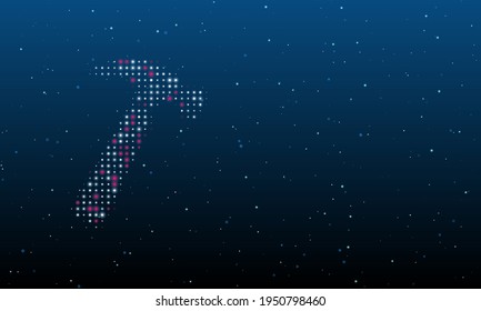 On the left is the hammer symbol filled with white dots. Background pattern from dots and circles of different shades. Vector illustration on blue background with stars
