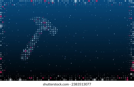 On the left is the hammer symbol filled with white dots. Pointillism style. Abstract futuristic frame of dots and circles. Some dots is pink. Vector illustration on blue background with stars