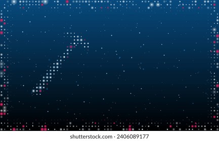 On the left is the hammer symbol filled with white dots. Pointillism style. Abstract futuristic frame of dots and circles. Some dots is pink. Vector illustration on blue background with stars