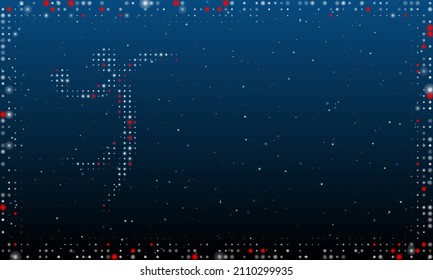 On the left is the handball symbol filled with white dots. Pointillism style. Abstract futuristic frame of dots and circles. Some dots is red. Vector illustration on blue background with stars