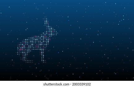 On the left is the hare symbol filled with white dots. Background pattern from dots and circles of different shades. Vector illustration on blue background with stars
