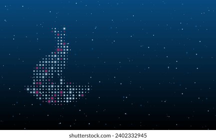 On the left is the hare symbol filled with white dots. Background pattern from dots and circles of different shades. Vector illustration on blue background with stars