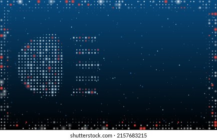 On the left is the headlight symbol filled with white dots. Pointillism style. Abstract futuristic frame of dots and circles. Some dots is red. Vector illustration on blue background with stars